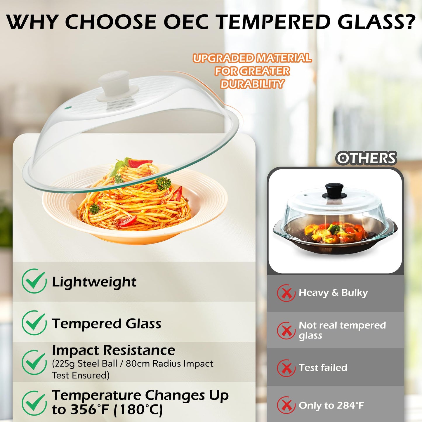 OEC Lighter Weight Tempered Glass Microwave Splatter Cover - 10 inch (Inner Diameter 8.7”) - Heat-Resistant - Durable Glass Lid with Vent, Silicone Knob, Dishwasher Safe, 100% Food Grade - BPA Free