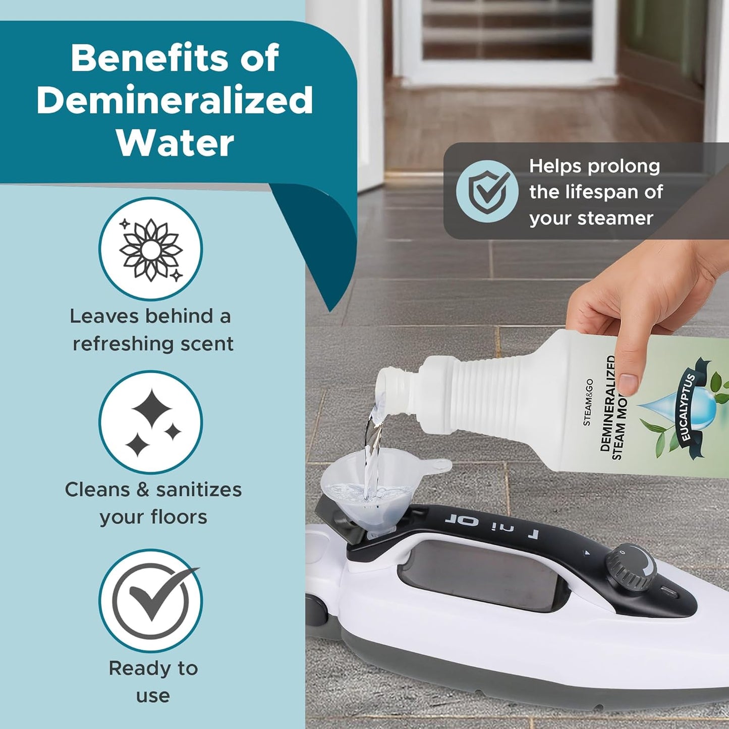 Steam & Go Demineralized Water | Ready-to-Use Eucalyptus Mint Steam Cleaner Solution, 32 oz