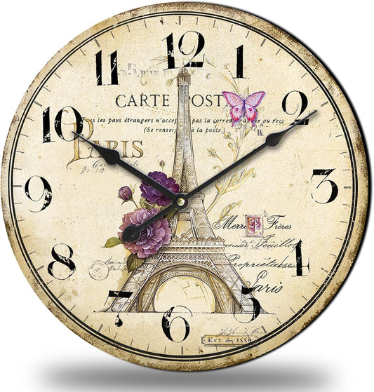 12-Inch Retro Paris Eiffel Tower Wall Clock - Silent Battery Operated Decor for Kitchen & Living Room