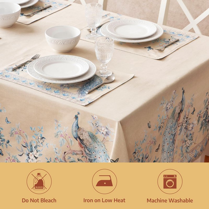 Maison d' Hermine Premium Table Cloth Rectangle Table 100% Combed Cotton 90 x 70 Inches Tablecloth Reusable Decorative for Dining Room Farmhouse Party Festive Wedding - Peacock Utopia - Sandy Beach