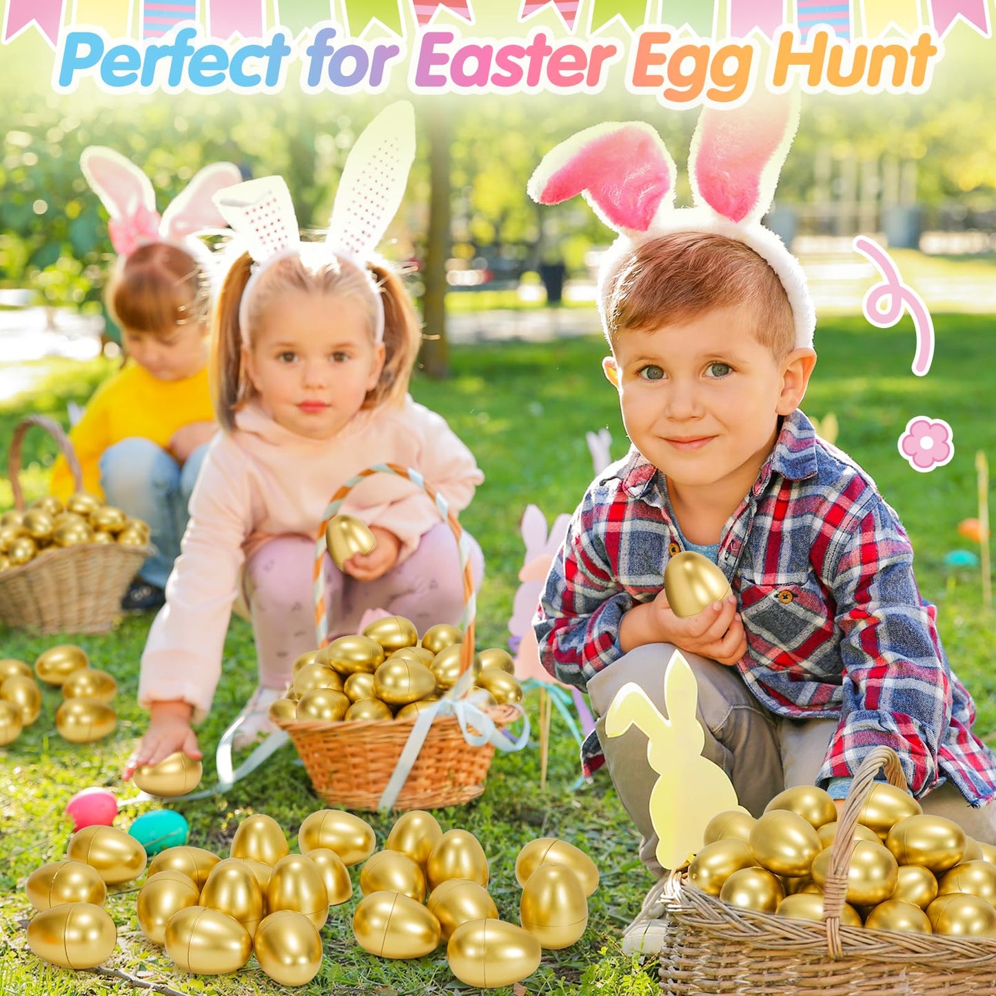 SevenQ Plastic Easter Eggs Empty 2.3” 50Pcs, Fillable Golden Egg for Easter Basket Stuffers Gifts for Kids Party Favors Pinata Goodie Bags Treasure Box Toys Fillers Easter Egg Hunt Games Decorations