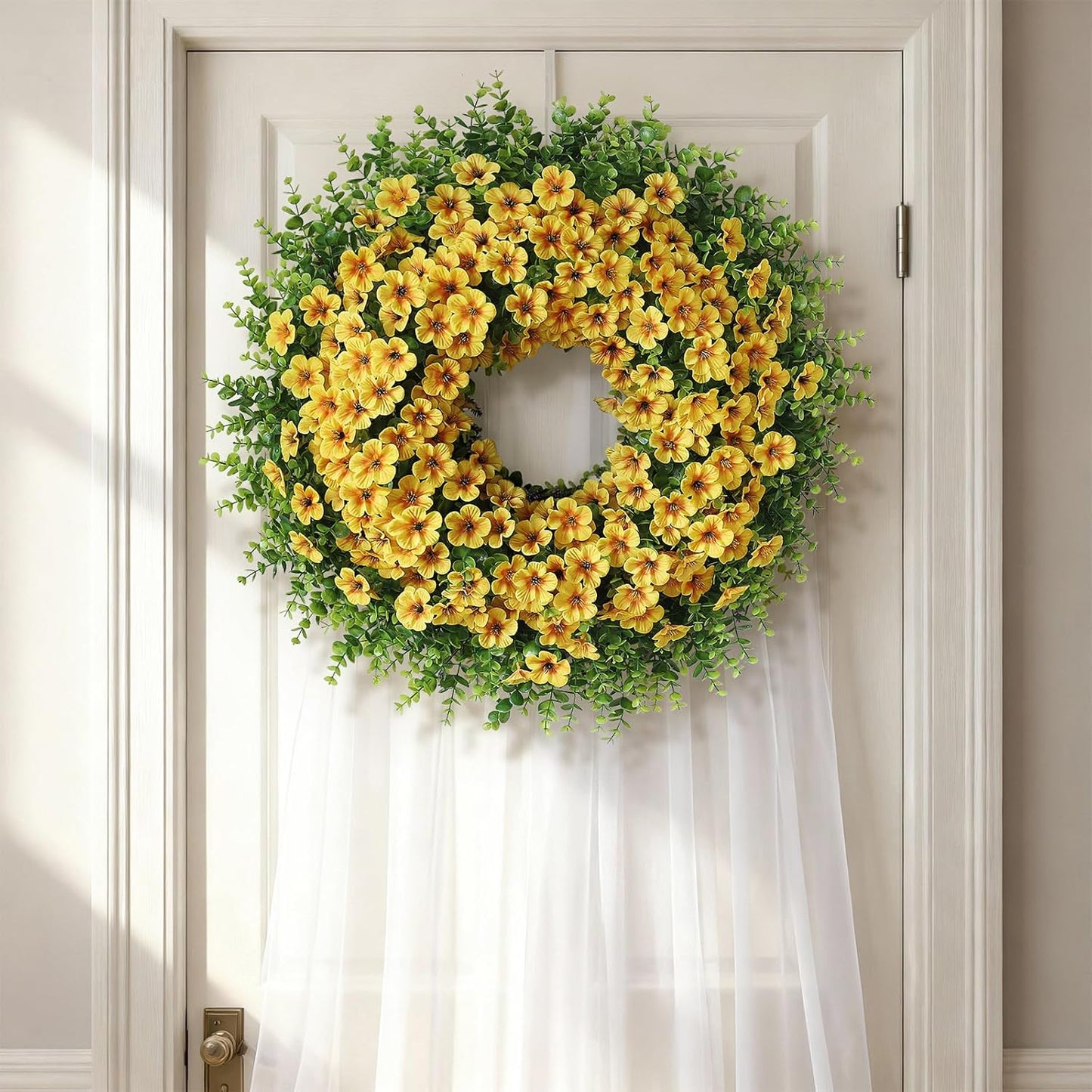 Skiennix 26" Large Artificial Eucalyptus Wreath - Realistic Faux Silk Morning Glory Flowers for Home & Wedding Decor (Yellow)