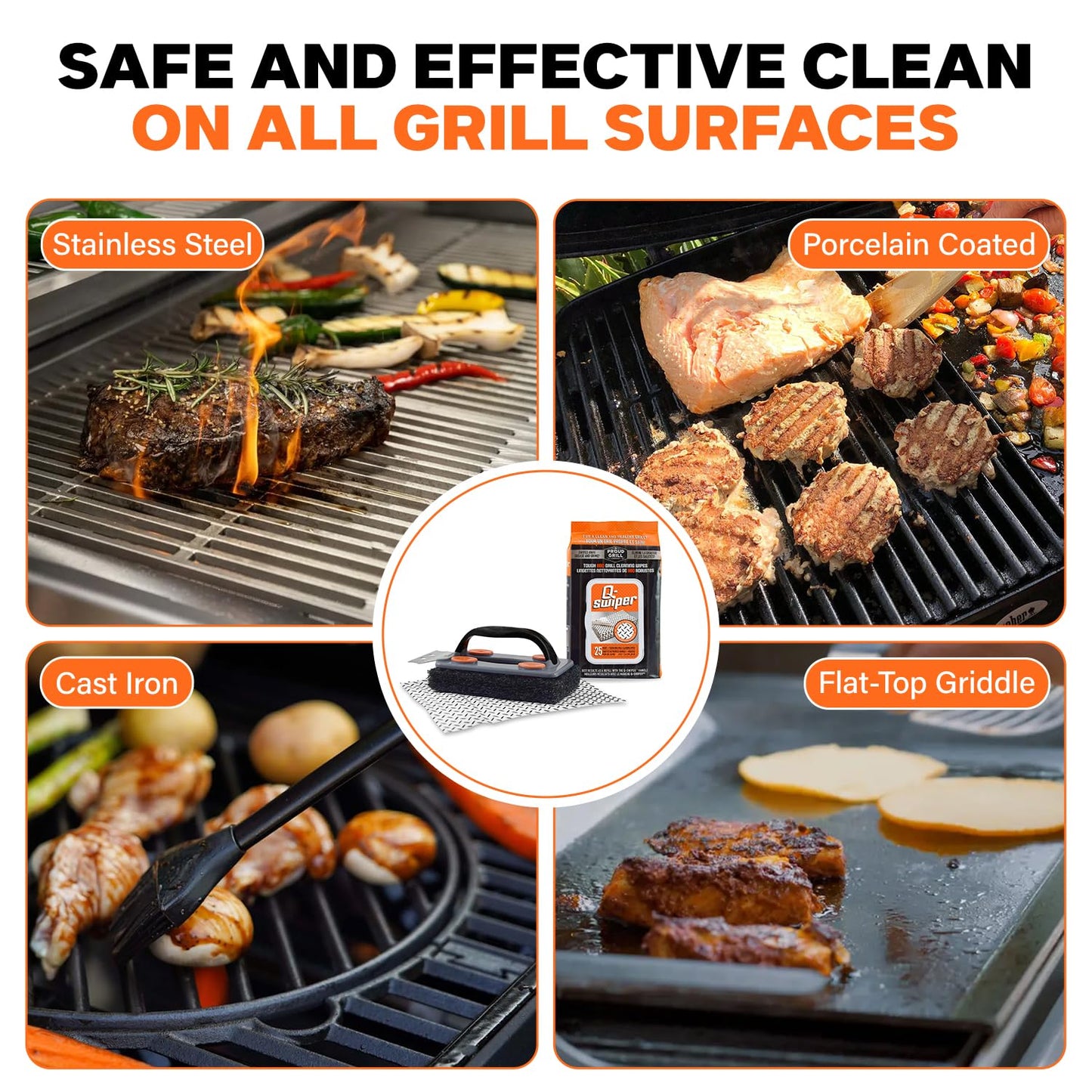 Proud Grill Q-Swiper BBQ Grill Cleaner Set - Bristle-Free Brush & 25 Safe Cleaning Wipes | Perfect for Grease Removal