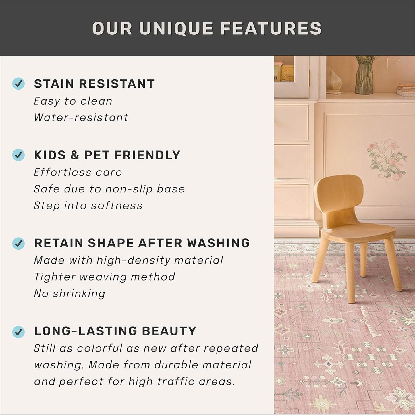 Regine Switzerland Light Pink Area Rug - Cute Floral Design, 5x8, Machine Washable, Non-Slip, Stain Resistant for Kids' Rooms