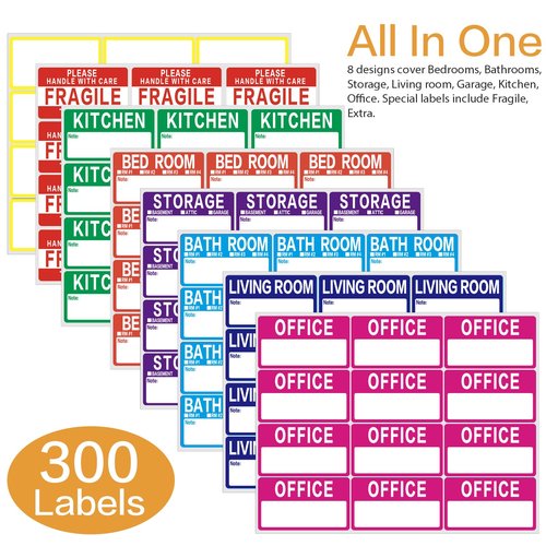 300 Count 3.5 x 2 Large Home Moving Packing Box Labels for 3-4 Bedroom House with Writable Notes Areas, 7 Color Coded Moving Labels for Boxes + Fragile Moving Stickers