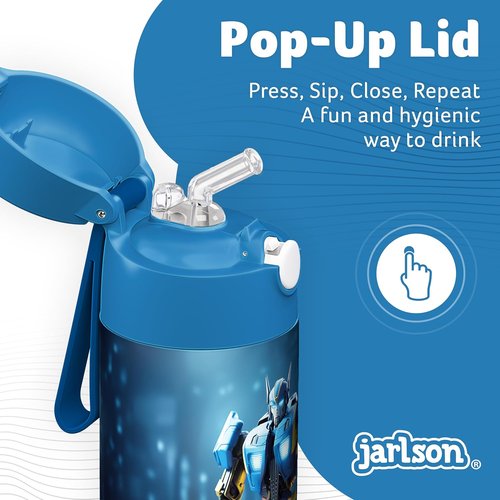 Jarlson® Kids Water Bottle CHARLI | 12oz Stainless Steel Insulated Thermo Bottle with Straw - Spill Proof for School & Sports (Robot)