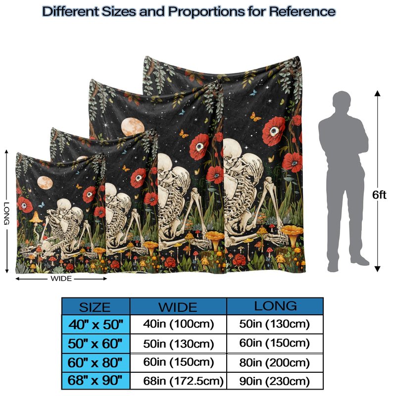 Leeisysme The Kissing Lovers Floral Fleece Throw Blanket, Hippie Skeleton Moon Mushroom Skull Flower Plants Romantic Cozy Decor Nap Blankets for Sofa Bed Couch Chair or Dorm Throws 50Ă60 inches