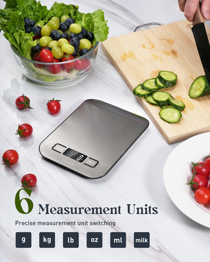 Tcsxady Food Scale, 11lb Digital Kitchen Scale with 6 Units LCD Display and Tare Function,Compact Design for Baking,Healthy Cooking,Meal Prep, 304 Stainless Steel