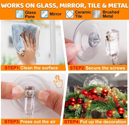HEYHOUSE Wreath Hangers - Clear Suction Cup Hooks for Front Door | Removable & Reusable, 4 Pack