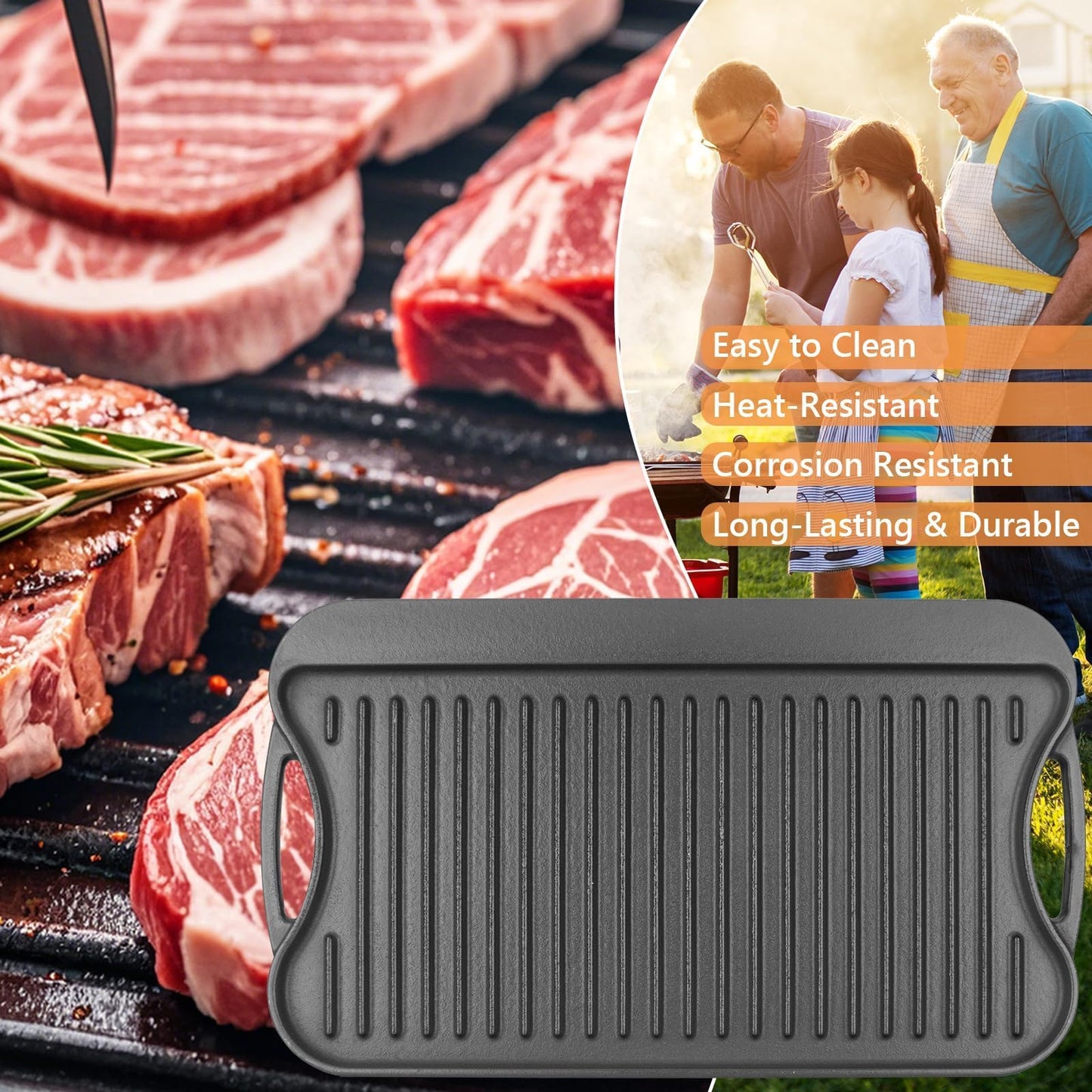 PETKAO Large Cast Iron Griddle Insert, Skillet, Oblong Grilling Pan for Stovetop,Pre-Seasoned Stovetop Griddle Gas Stove Grill Plate Oven, 17" x 10" Reversible Pancake Pan for Weber,Charbroil etc.,1PC