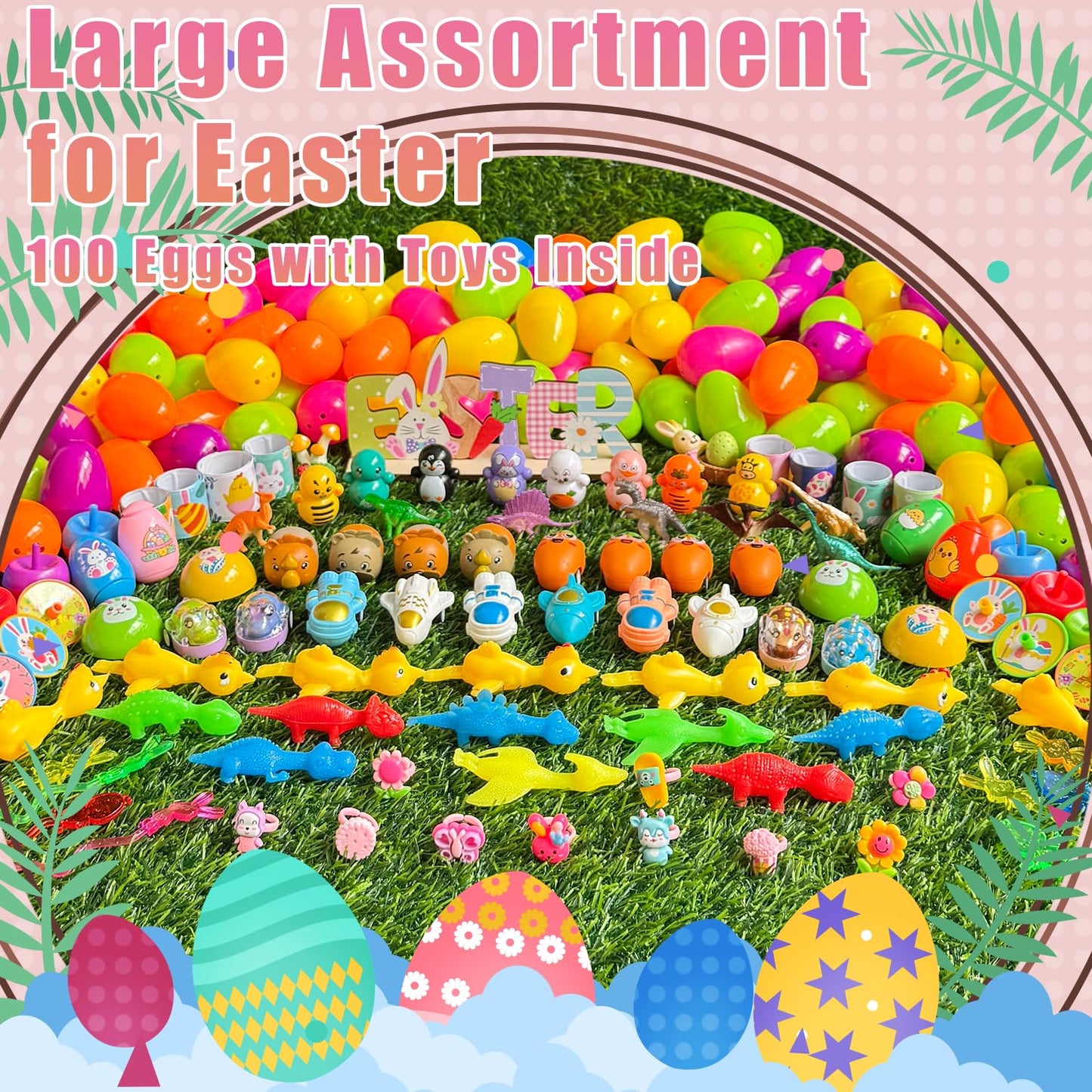 SQZUWIT 100 Pcs Prefilled Easter Eggs Filled with Toys Inside for Kids Boys Girls Pre-filled Easter Hunt Basket Stuffers Essentials Fillers Party Favors Classroom Prize Supplies