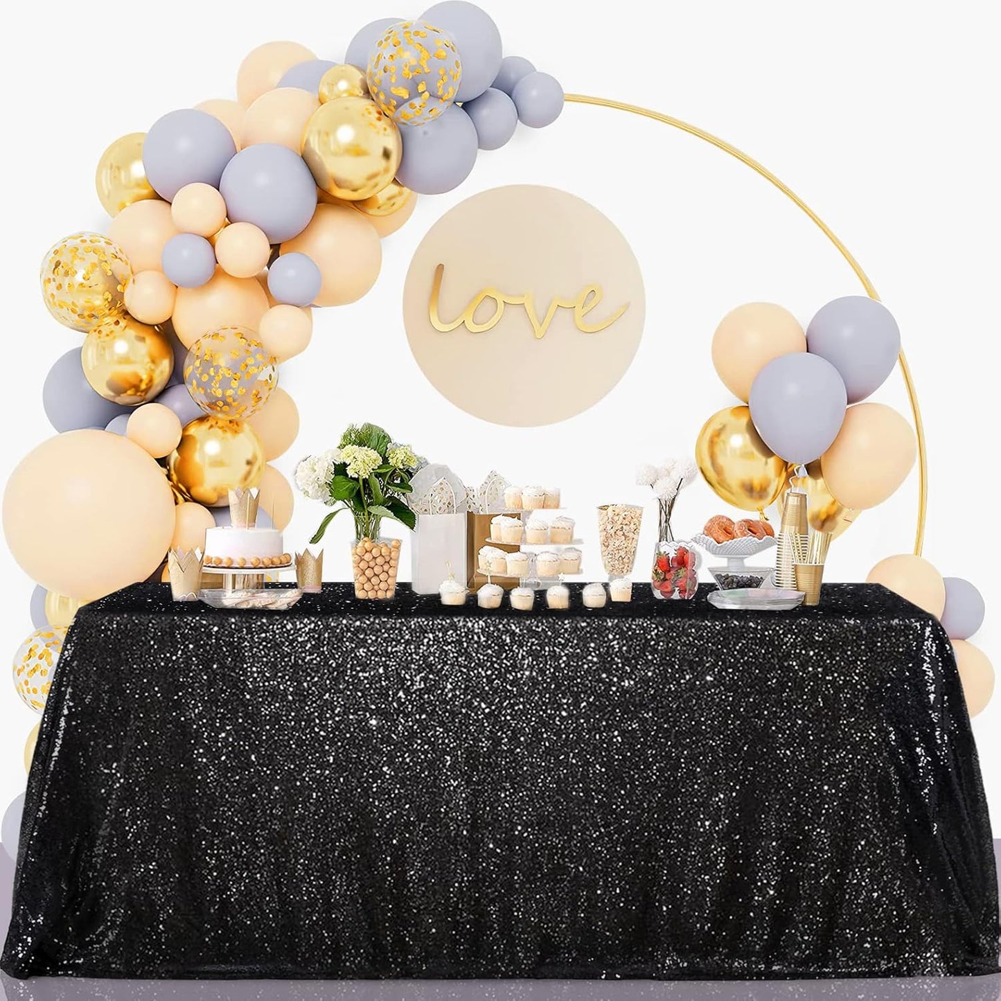 Black Sequin Tablecloth 50x80" – Shimmer Rectangular Overlay for Weddings & Parties