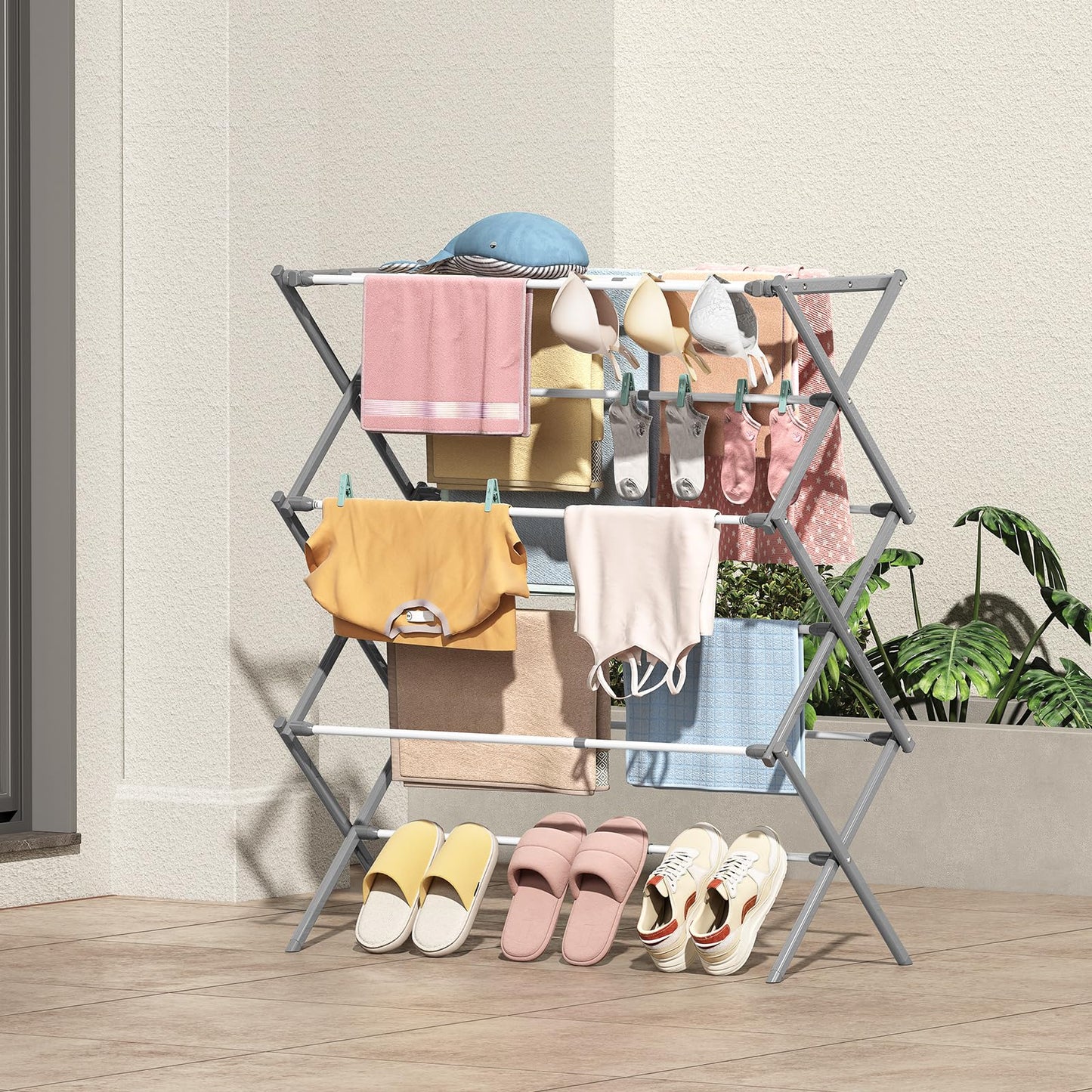 KINGBOARD Clothes Drying Rack, Collapsible Drying Rack Clothing with 11 Poles, 3-Tier Laundry Drying Rack, Small Clothes Drying Rack Foldable for Baby Clothes, 25lb Capacity, White & Grey