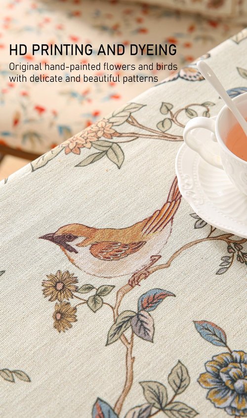 ISAENNE Designer French Light Beige Extra Long Rectangle Tablecloth, Linen Florals and Birds Pattern, Durable Decorative for Dining Thanksgiving Kitchen, 67"x118", Cornucopia