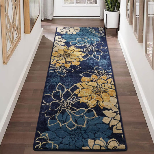 WESTLOOM Area Rug 2x6 Boho Runner Rug Modern Floral Entryway Runners Vintage Floral Hallway Runners Indoor Kitchen Laundry Rug Runner Non-Slip Accent Rug Non-Shedding Living Room Bedroom Long Rug Blue