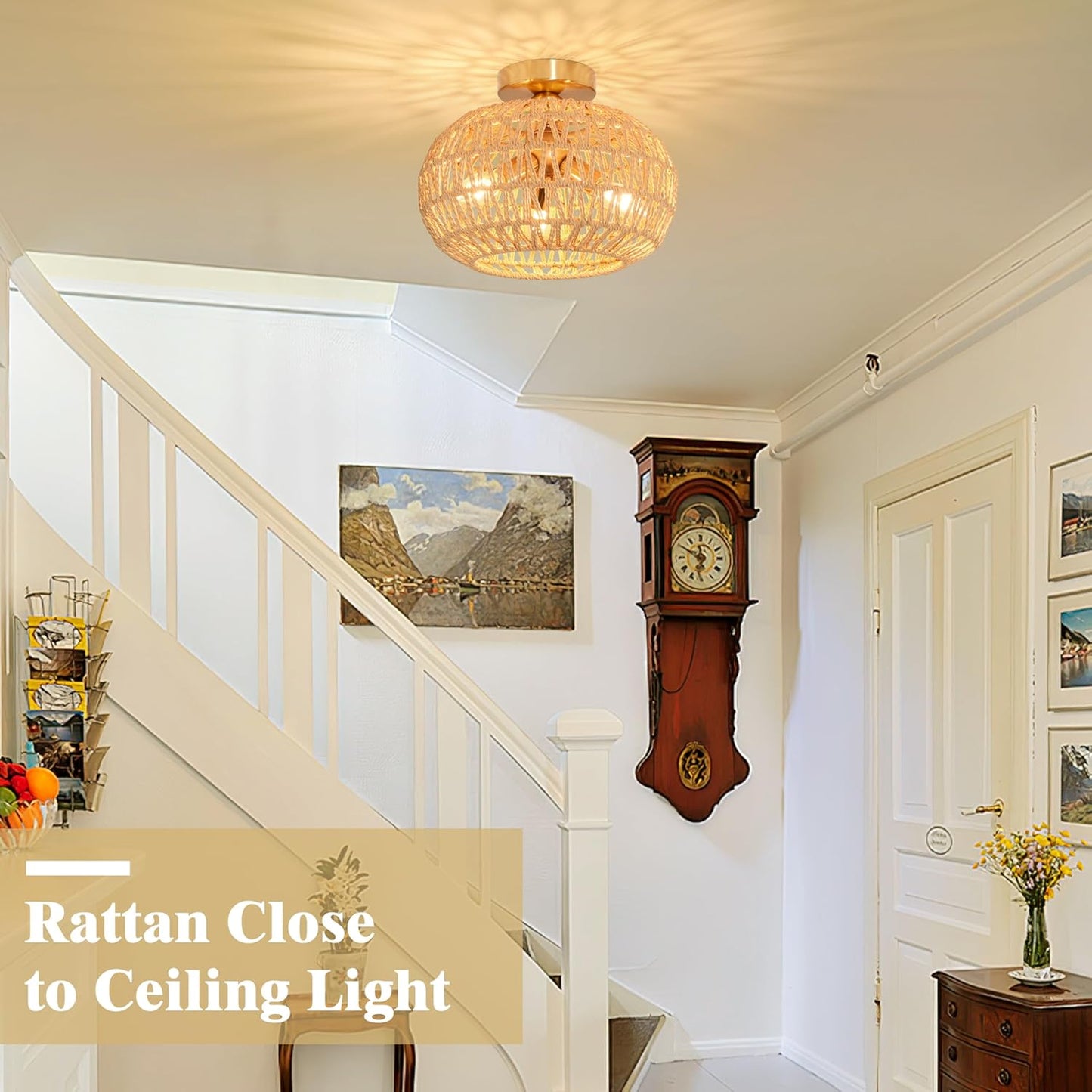 11.8" Rattan Light Fixture 3-Lights Boho Semi Flush Mount Ceiling Light Rattan Close to Ceiling Light Farmhouse Light Fixtures Ceiling with Handwoven Shade for Farmhouse Foyer