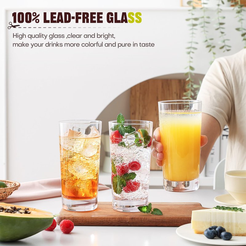 OUWO Highball Glasses Set of 12, 13oz Tall Drinking Glasses, Water Glass for Kitchen, Tom Collins Glasses, Mojito Glass Cups, Cocktail Glasses for Bar Glassware