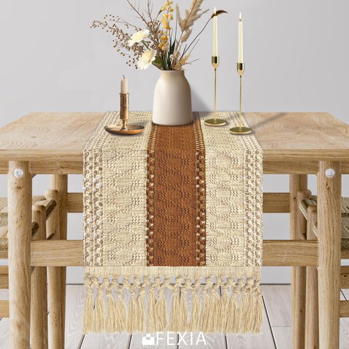 FEXIA Boho Table Runner for Home Decor with Tassels 60 Inches Long,Caramel Farmhouse Rustic Table Runner Macrame Burlap Table Decoration for Living Room Bridal Shower(12x60 Inches)