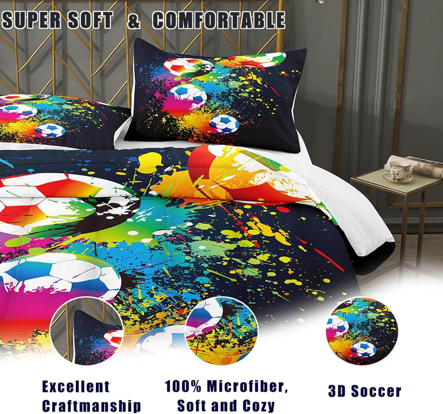 Bodhi Rainbow Graffiti Football Bedding for Boys & Teens - Full Comforter Set with Matching Pillowcases