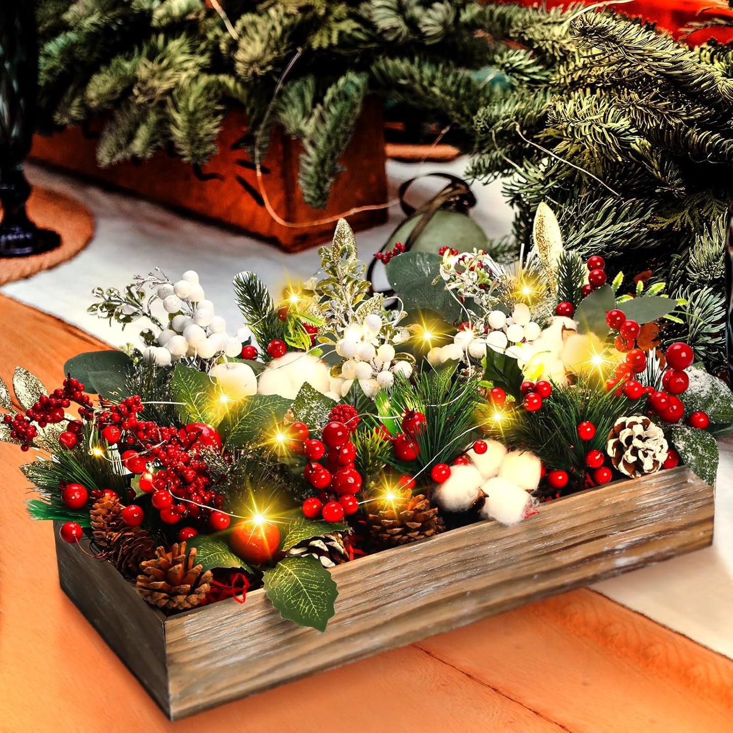 Leinuosen Christmas Table Centerpieces - 30 Pcs Floral Berry Rattan Garland with LED Lights