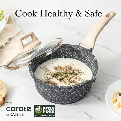 CAROTE Nonstick Saucepan Set - 1.5Qt & 3.0Qt Cooking Pots with Lid | Easy to Clean, Induction Compatible, PFOA Free (Classic Granite)
