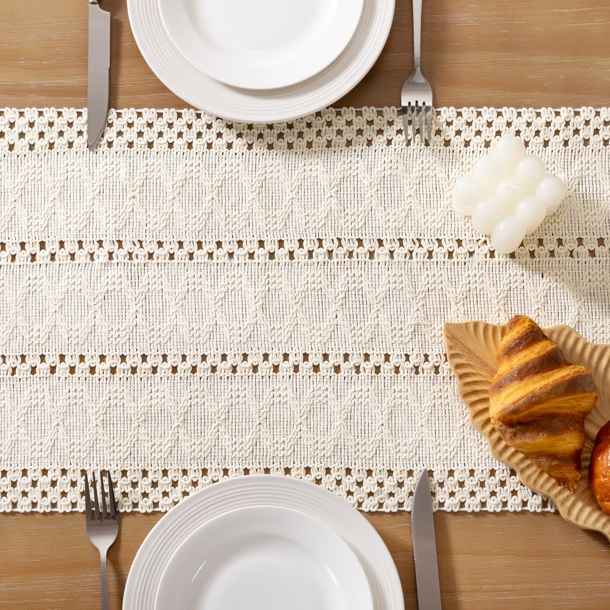 Socomi Boho Table Runner Macrame Summer Farmhouse Woven Cotton Linen Rustic Coffee Table Runner with Tassels for Dresser Scarf Home Decor Dining Room 12x90 inch Cream Ivory