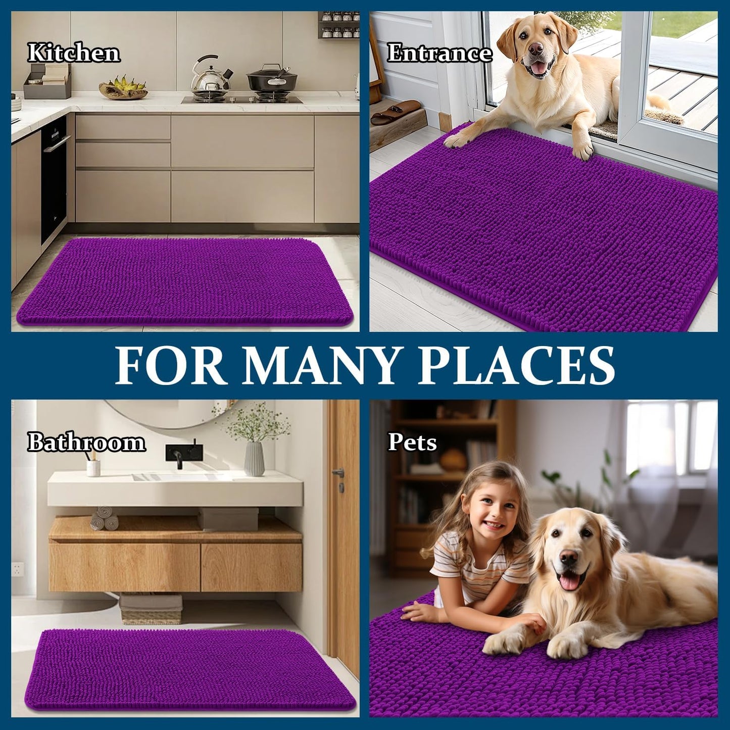 OLANLY Dog Door Mat - Absorbent Non-Slip Washable Doormat for Muddy Paws | 36x24 Inches, Purple