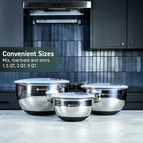 HexClad Stainless Steel Mixing Bowl Set - 3-Piece with Vacuum Seal Lids & Non-Slip Base | 1.3, 3 & 5 Quarts