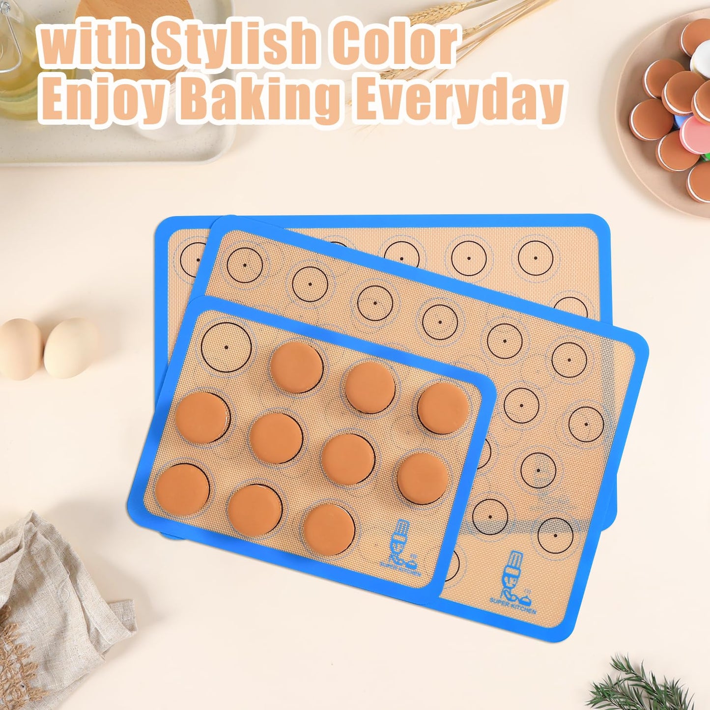 Silicone Macaron Baking Mat Half Sheet - Set of 3 (2 Half Sheet and 1 Quarter Sheet), Non Stick Silicon Oven Liner For Macaroons and Cookies, By Folksy Super Kitchen (16.5x11.6, Blue)