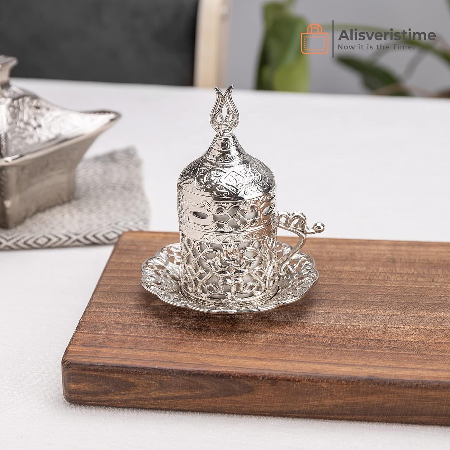 Alisveristime Turkish Coffee Set for Two - Authentic Ottoman Style Cups, Saucers, and Serving Tray with Lale Motifs (Acur) (Copper)