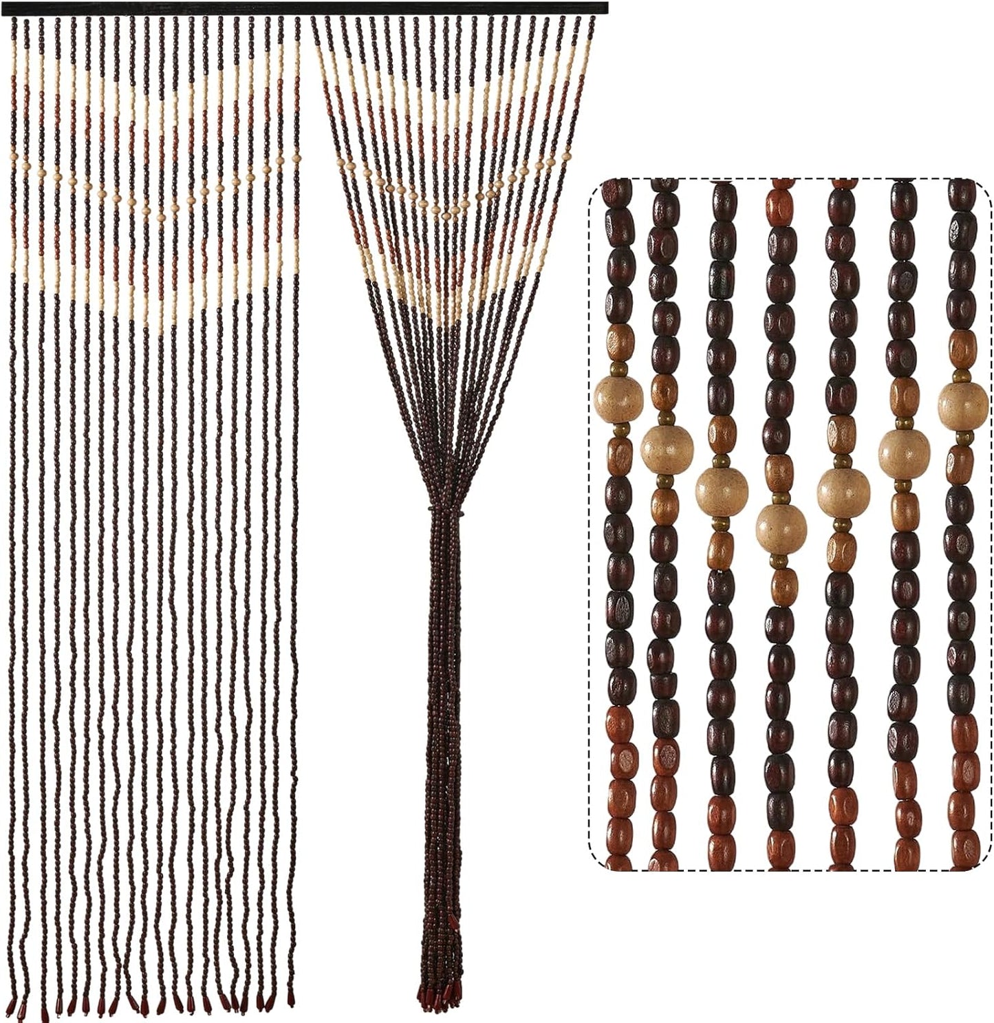 35.5" x 75" Bamboo and Wood Beaded Curtain for Doorway 52 Strands Handmade Bohemian Door Beads Curtain Boho Hanging Room Divider for Bedroom Living Home Deco, Beige