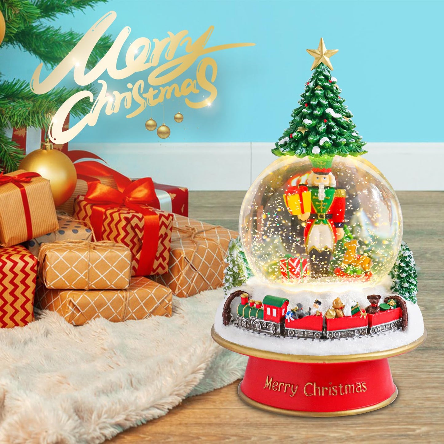 Christmas Snow Globes for Kids, Musical Snow Globe Nutcracker with Gifts Box and Train Music Glass Snowglobes Christmas Birthday Gift for Girls Kids Daughters