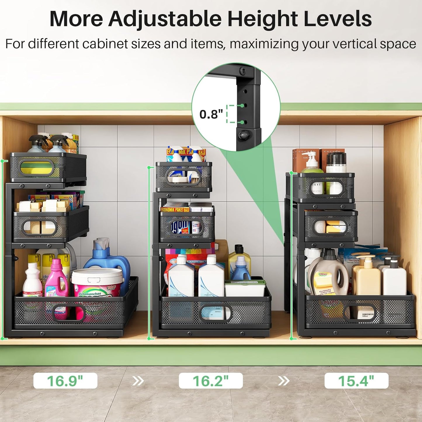 Kitstorack Under Sink Organizer - 2-Pack Adjustable Metal Cabinet Shelf | Slide-Out Storage for Bathroom & Kitchen