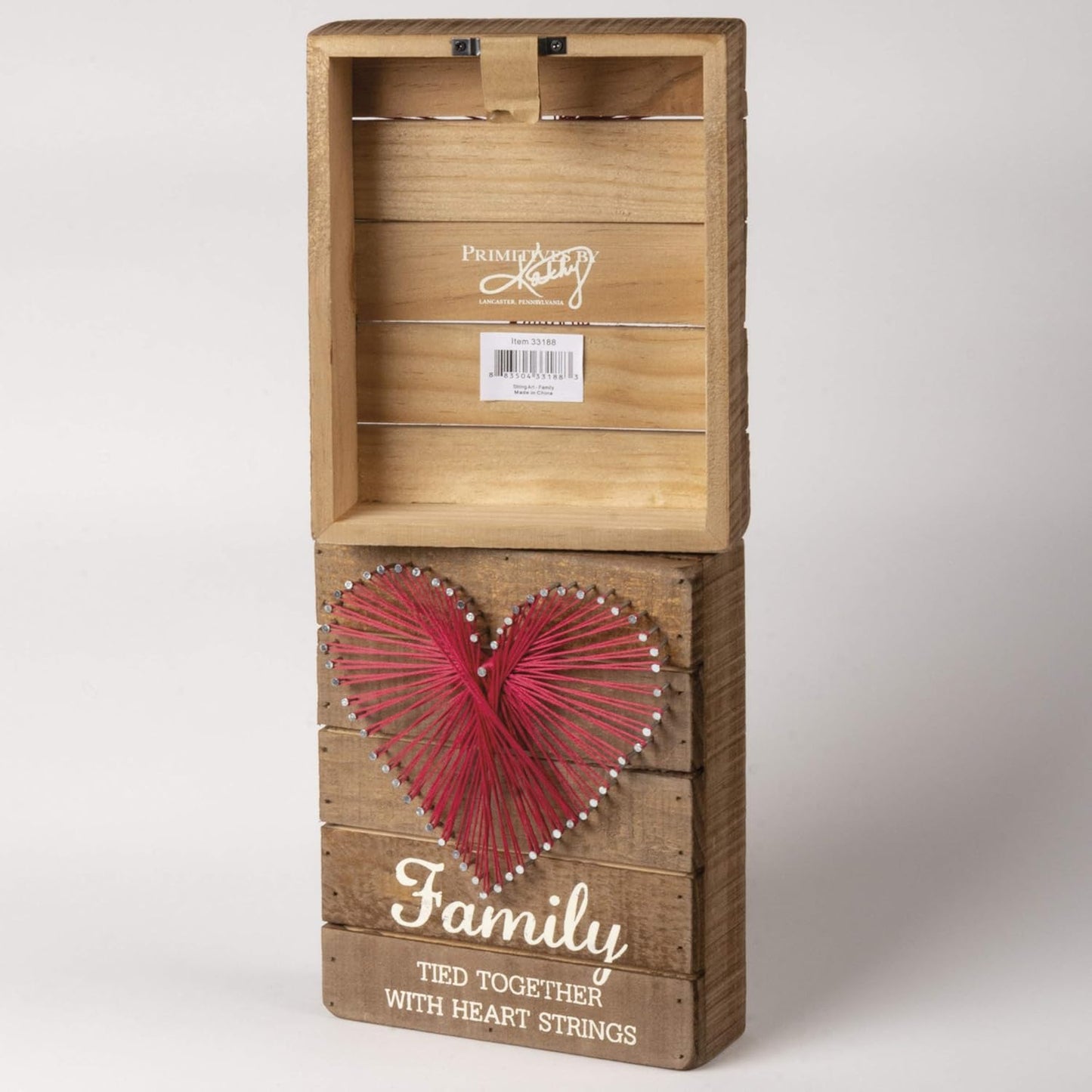 Family Tied Together Distressed Wood Sign - Hand-Strung Heart Wall Art & Desk Decor