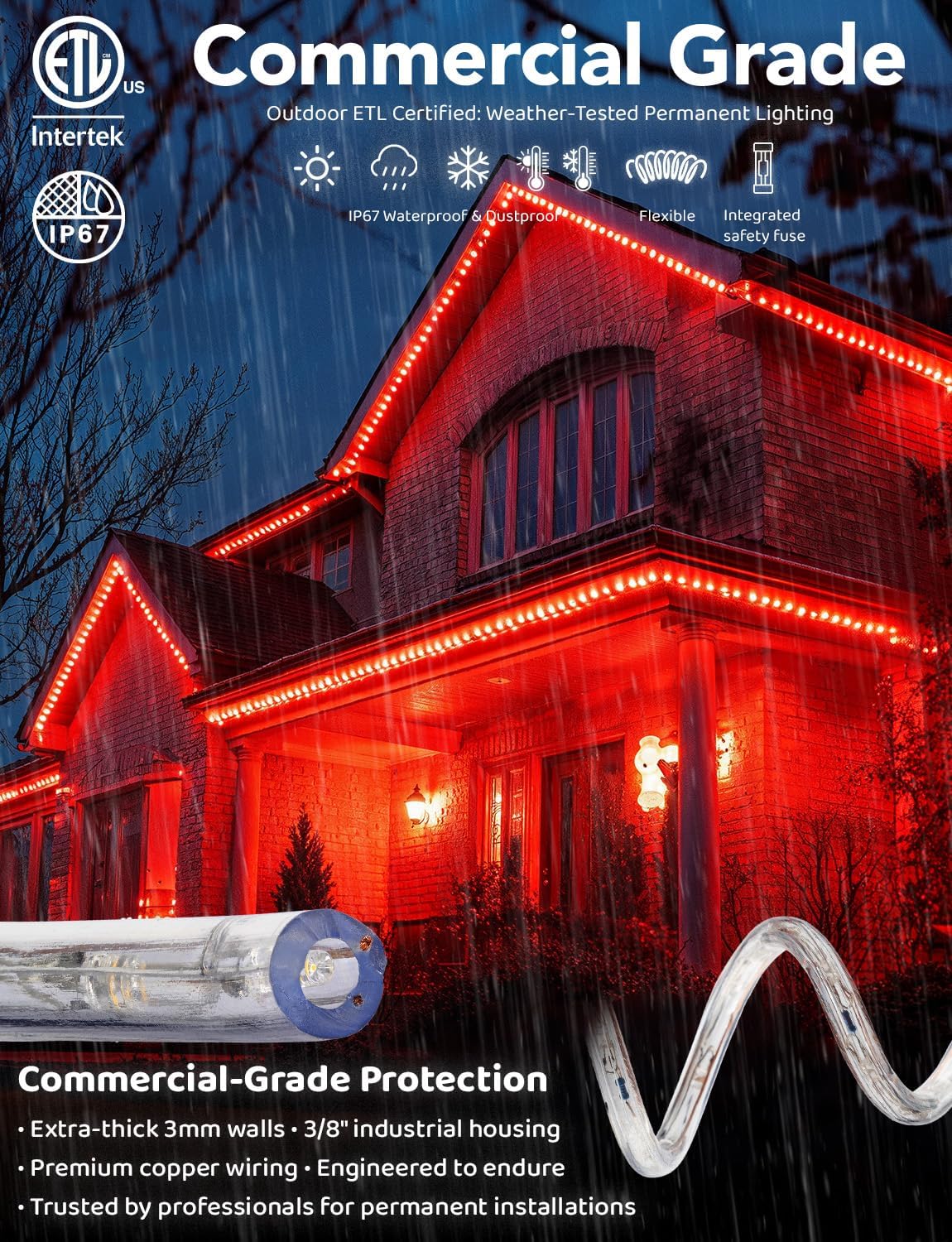 10ft Waterproof LED Rope Lights - 108 LEDs, Connectable Outdoor Christmas Decor