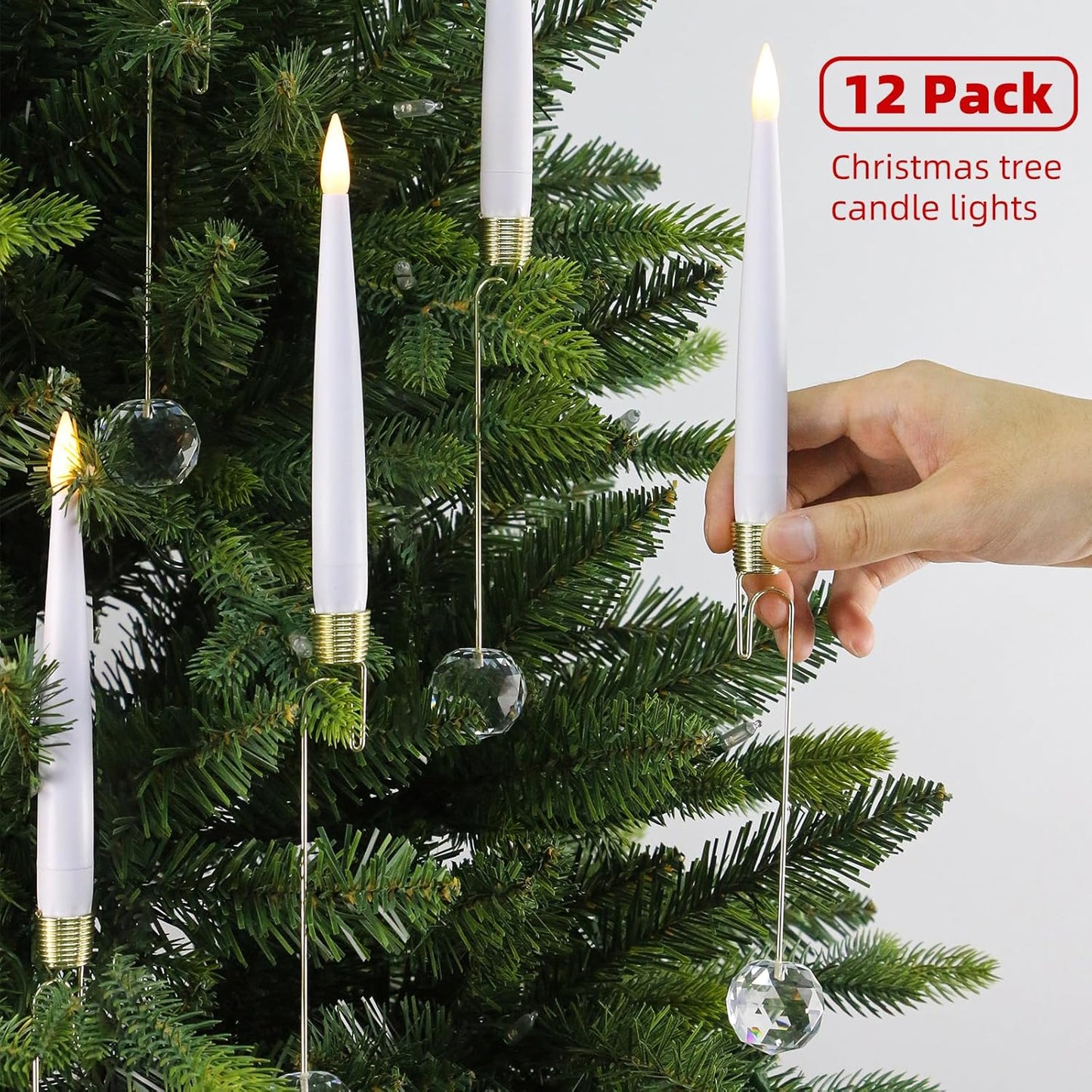 Flameless Christmas Tree Candles - 12 Pack LED Flickering Battery Operated Decor with Magic Wand & Snowflake Design