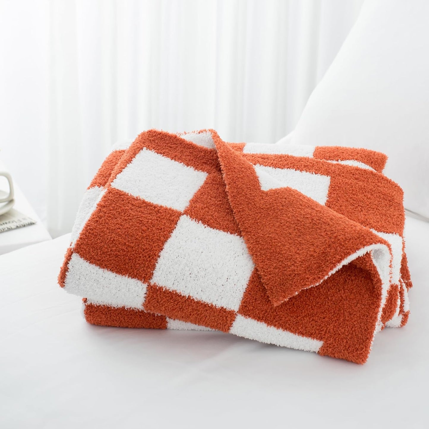 Carriediosa Checkered Throw Blanket 90" X 90" Queen, 400GSM Ultra Soft Microfiber Fuzzy Fluffy Reversible Cute Preppy Knitted Blankets Cozy Plush Fall Throws for Couch, Bed, Sofa, Rust
