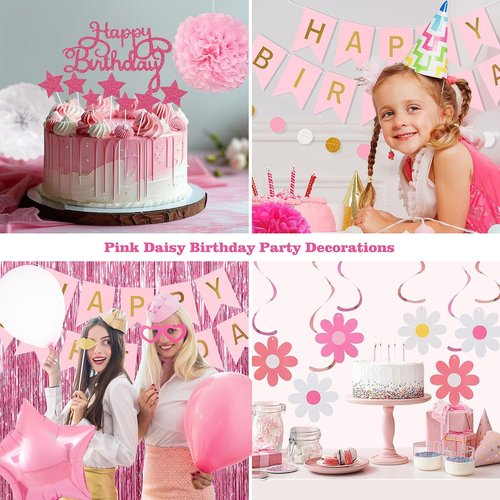 Happy Birthday Party Decorations Kit by Pink Red | Complete Set with Banner, Balloons, Pompoms & More