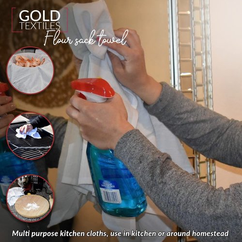 GOLD TEXTILES White Flour Sack Towels (12 Pack - 28x28) 100% Cotton Kitchen Towels – Multipurpose, Soft & Absorbent, Quick Dry with Easy Care