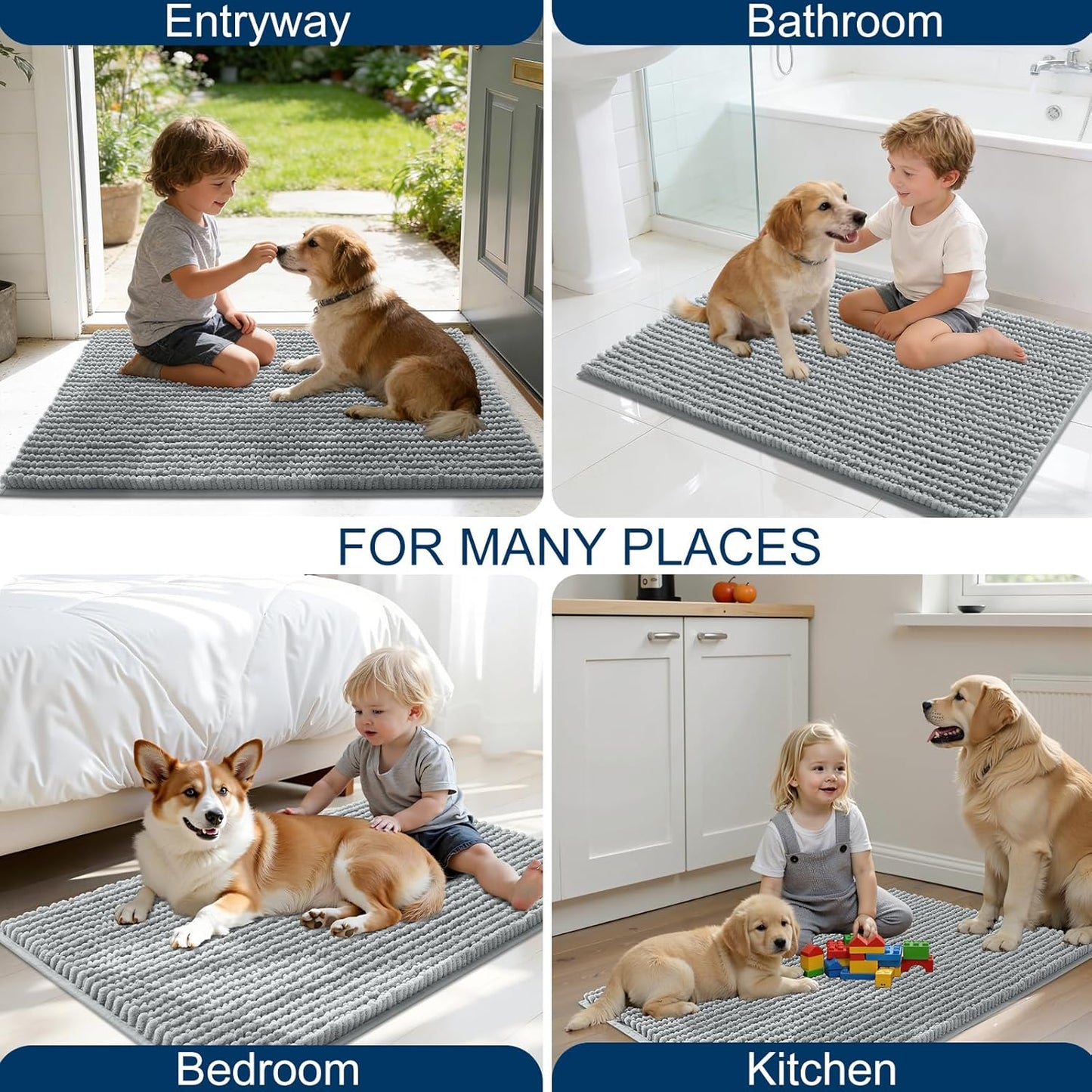 OLANLY Dog Door Mat - Ultra Absorbent Chenille Mud Doormat | Non-Slip & Washable, 47x24, Grey