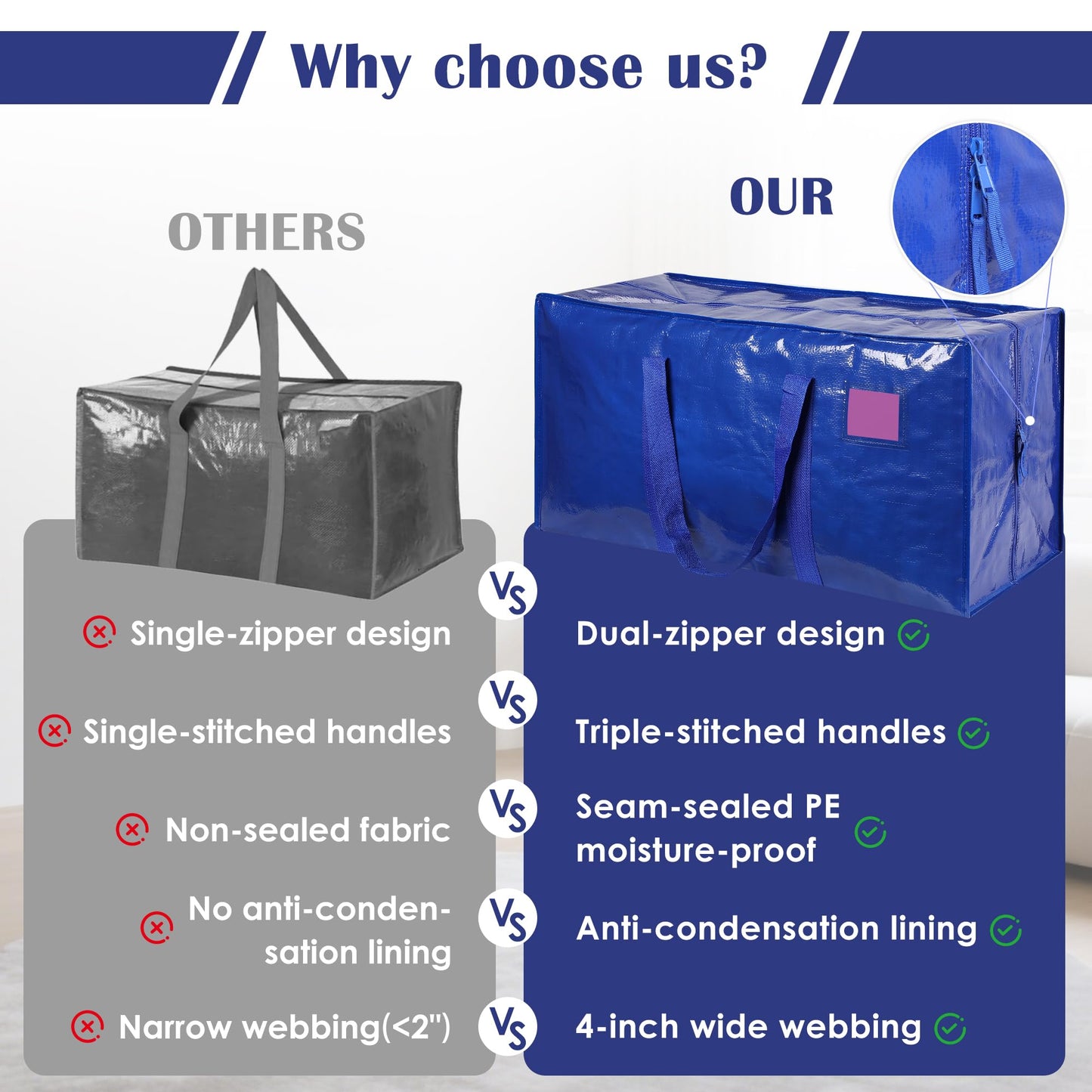 RMOHRO 12 Pack Moving Bags with Full-Open Side Zipper, Extra Large 93L Heavy Duty Waterproof Foldable Storage Totes for College Dorm, Moving & Home Organization Blue