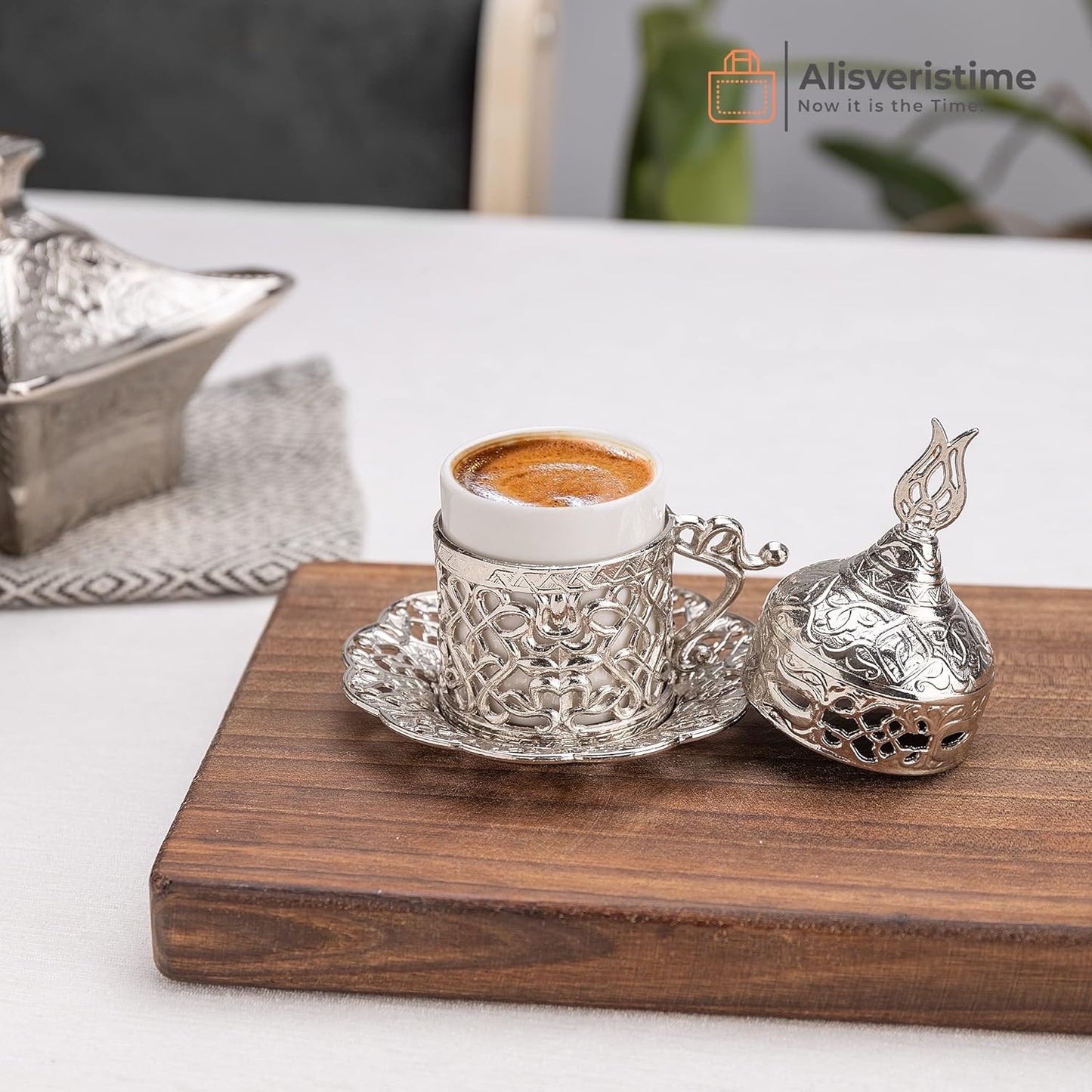 Alisveristime Turkish Coffee Set for Two - Authentic Ottoman Style Cups, Saucers, and Serving Tray with Lale Motifs (Acur) (Copper)
