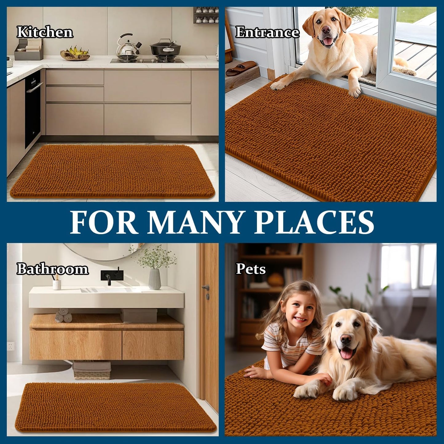OLANLY Dog Door Mat - Absorbent Non-Slip Chenille Mat for Muddy Paws | 44x24 Inches, Ochre Color