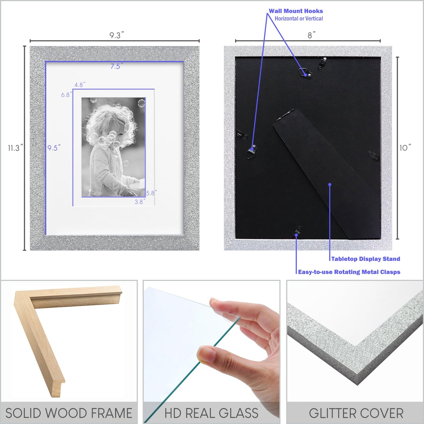 NWDCLF 8x10 Glitter Picture Frame Set of 3, Stylish Sparkling Photo Frames with 5x7/4x6 Mat, Solid Wood and Real Glass for Tabletop or Wall Mount, Cute Home Office Decor, Silver
