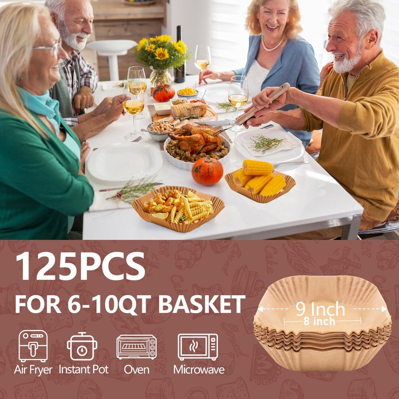 UBeesize 9-Inch Air Fryer Parchment Liners - 125 Pack, Square Non-Stick Disposable Paper Sheets for Microwave & Air Fryers, Unbleached Baking Sheets (8-Inch Base)