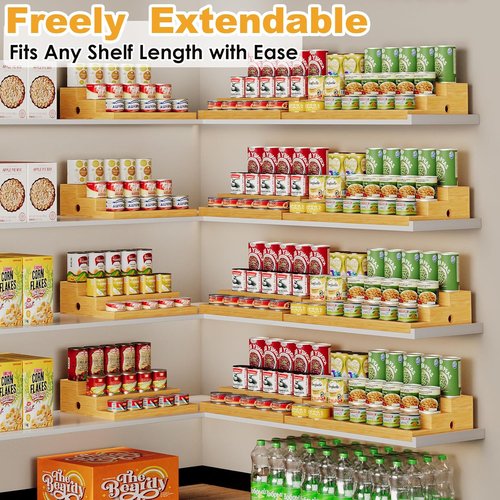 Bamboo Can Rack | Extra-Long Expandable 3-Tier Organizer - Adjustable Pantry Storage for 45 Cans