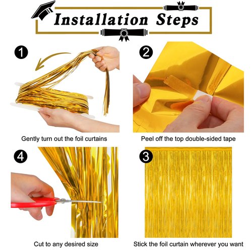 12 Pack 2026 Graduation Decorations, 3.28 FT x 7.05 FT Gold Backdrop Curtains, Metallic Class of 2026 Backdrop Fringe Curtains Foil Streamer, Gold Grad Decorations 2026 Party Supplies