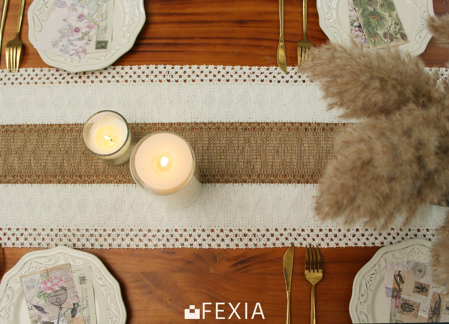 FEXIA Boho Table Runner for Thanksgiving Home Decor 48 Inches Long Farmhouse Rustic Table Runner Cream & Brown Macrame(Without Tassel) for Dining Bedroom Decor Rustic Bridal Shower (12x48 Inches)