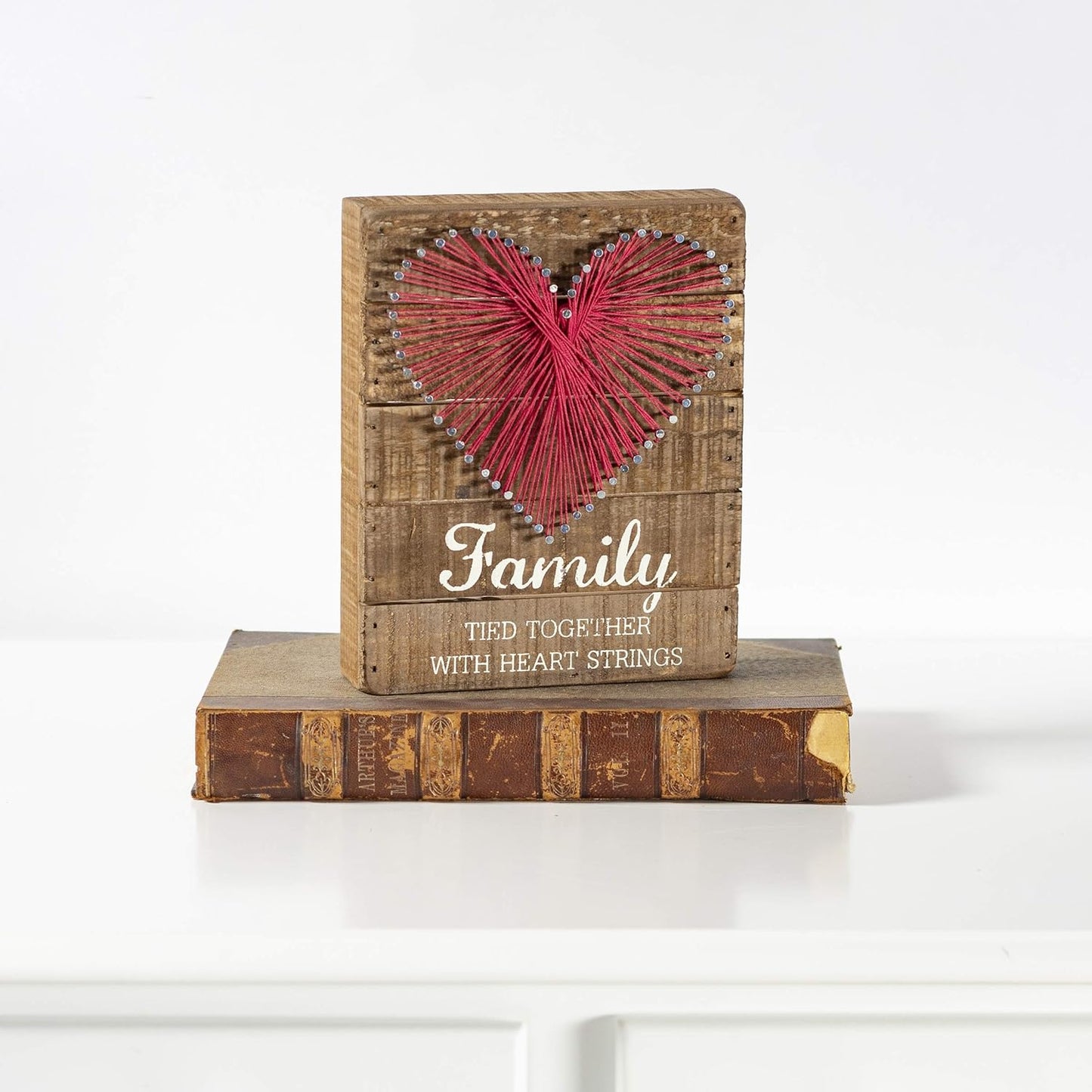 Family Tied Together Distressed Wood Sign - Hand-Strung Heart Wall Art & Desk Decor