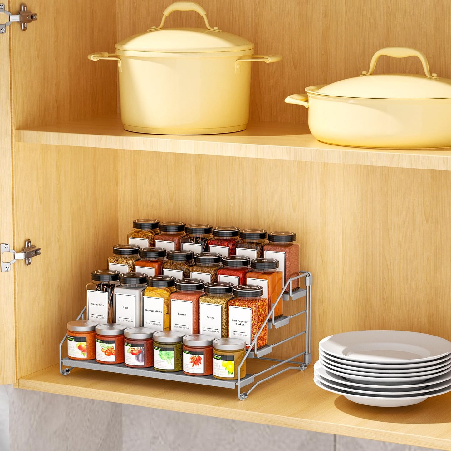 BOIVSHI 4 Tier Spice Rack for Cabinet, Spice Rack Organizer, Depth Adjustable Spice Organizer for Countertop, Cupboard, Pantry, Seasoning Shelf, Metal, Gray (1 Pack)